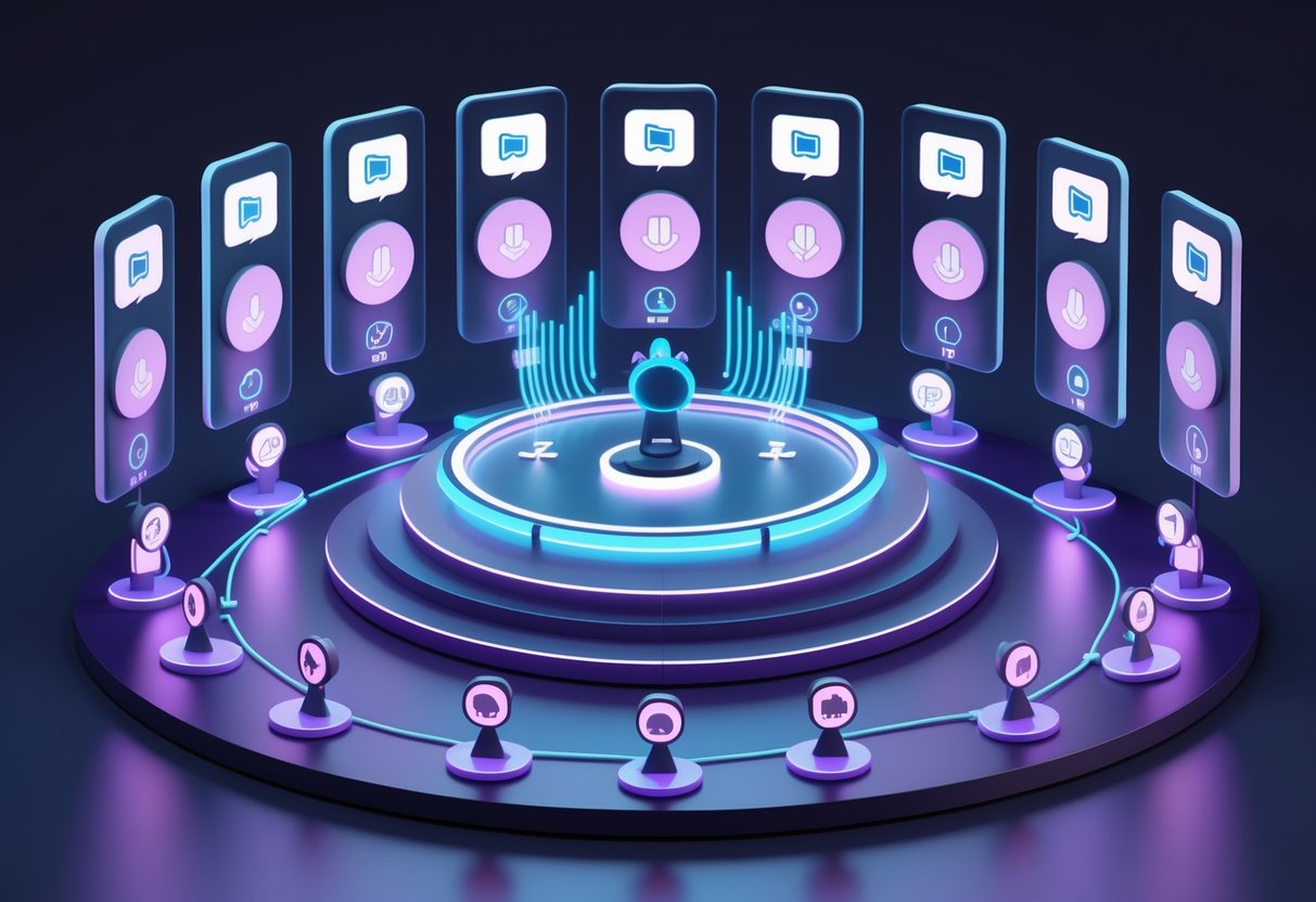A virtual stage with digital avatars speaking and an audience represented by smaller icons in a dark themed interface with glowing blue and purple highlights.