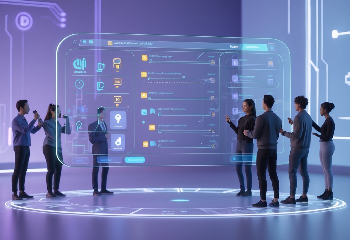 A 3D scene showing a futuristic digital workspace with floating holographic controls and virtual avatars adjusting audio and stage settings in a modern virtual environment.