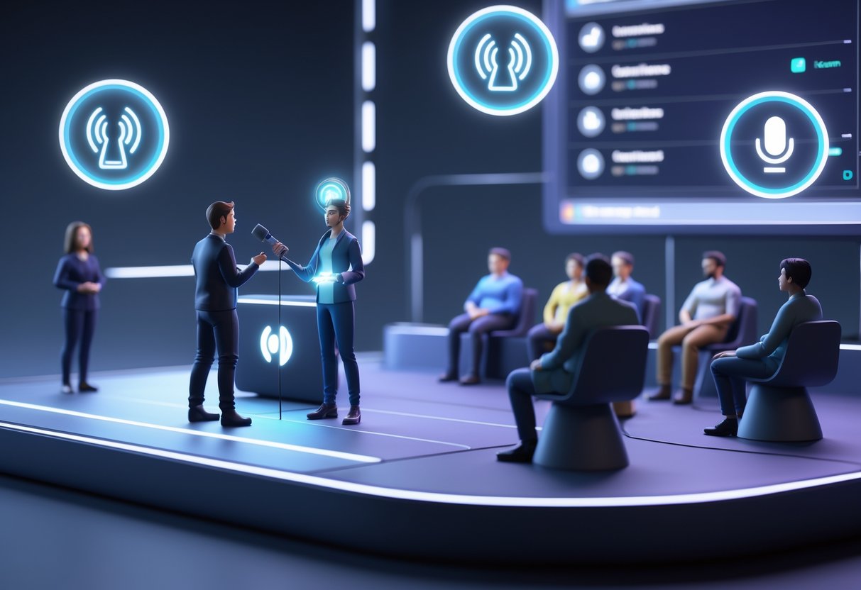 A virtual stage with several people representing different roles interacting in a digital voice channel environment.