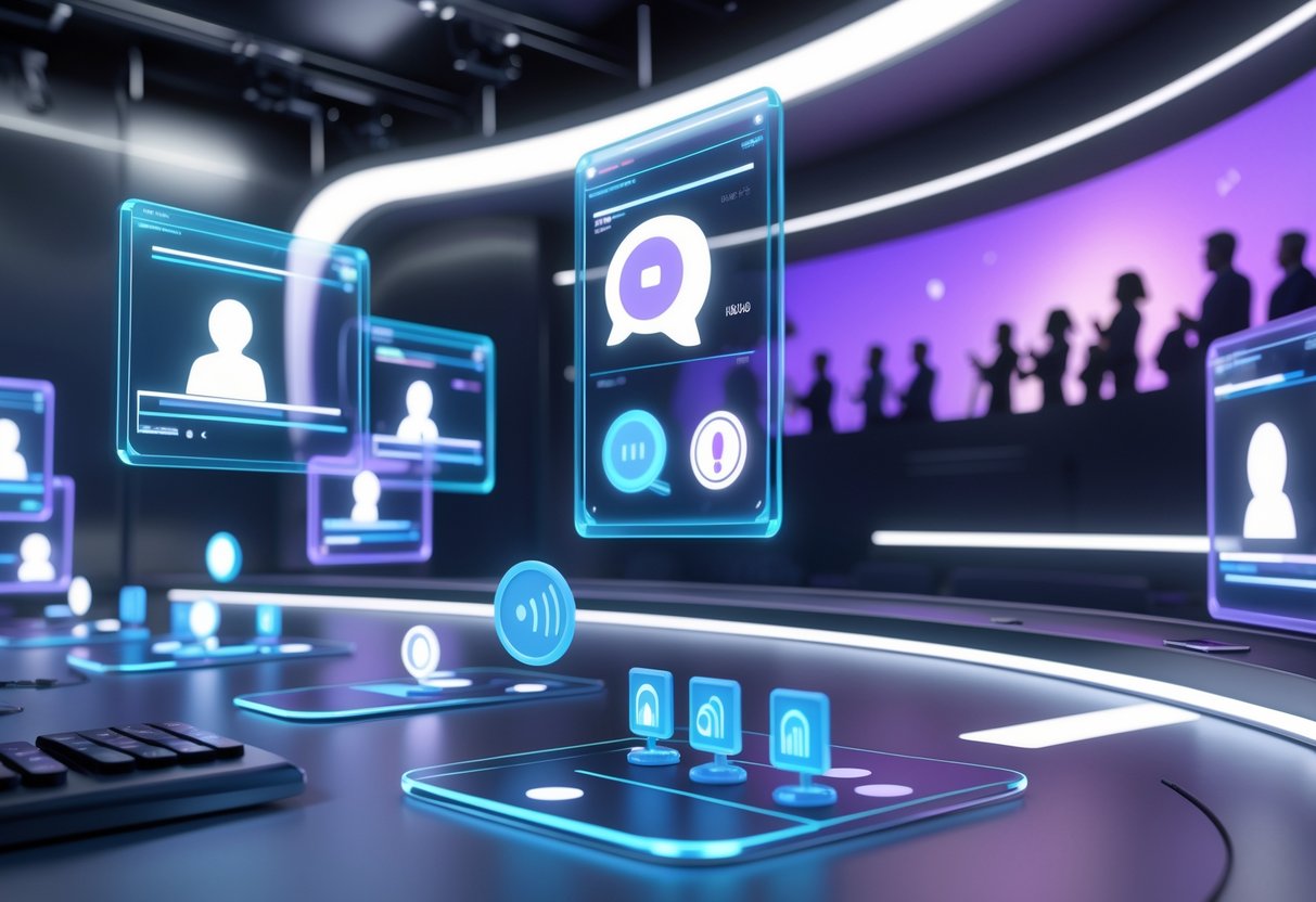 A futuristic digital control room with floating holographic screens showing user icons, microphone controls, and a stylised stage with speakers and audience silhouettes.