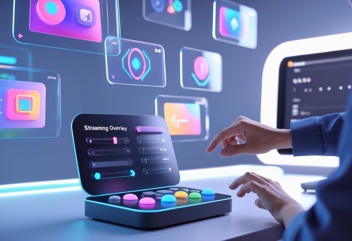 A digital workspace with floating transparent screens showing colourful streaming overlay designs and a person adjusting settings on a futuristic control panel.