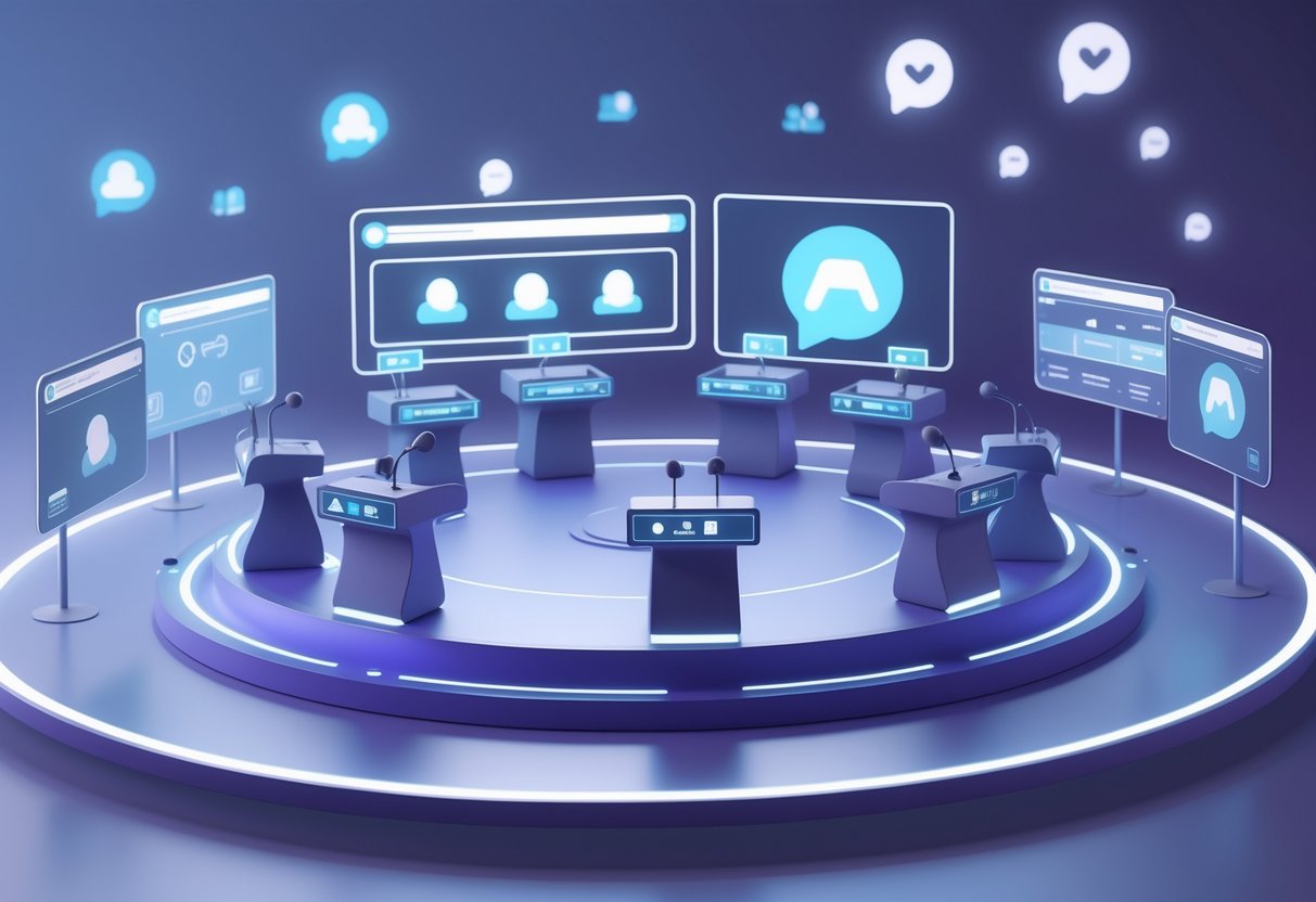 A virtual conference stage with podiums, microphones, and holographic panels showing user icons and moderation controls in a digital space.