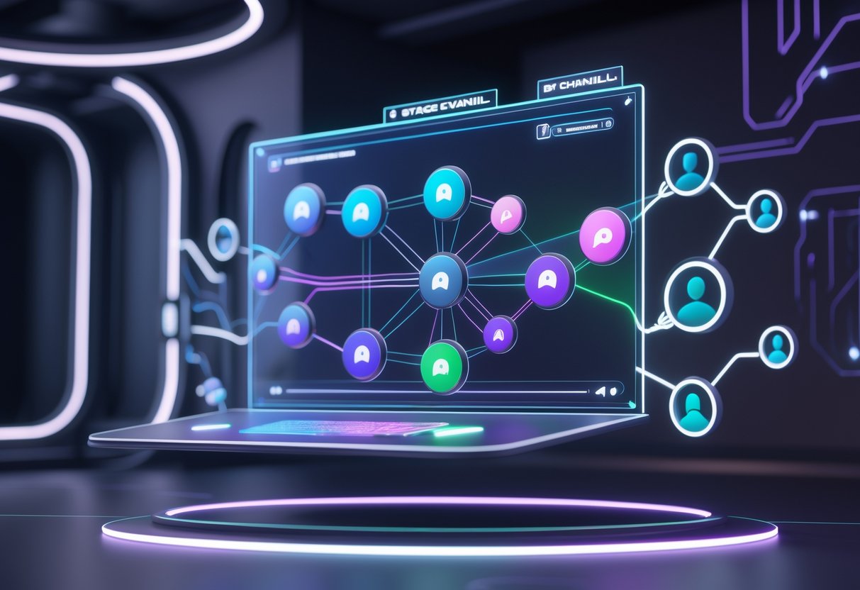 A 3D digital interface showing interconnected glowing nodes representing Discord stage channels with user avatars around them in a dark virtual space.