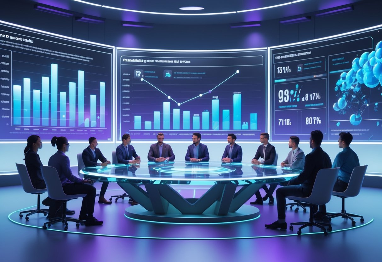 A group of people discussing esports market trends around a circular glass table with holographic charts and graphs in a futuristic studio.
