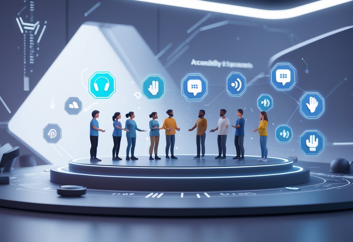 A digital virtual stage with diverse avatars interacting, surrounded by icons representing accessibility and platform support features.