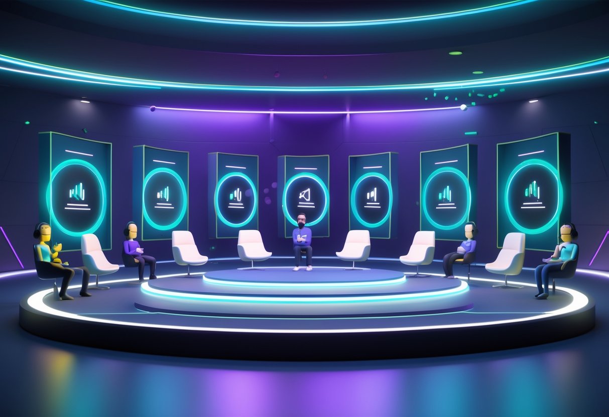 A virtual auditorium with floating circular stages and avatars wearing headsets interacting in a digital communication environment.