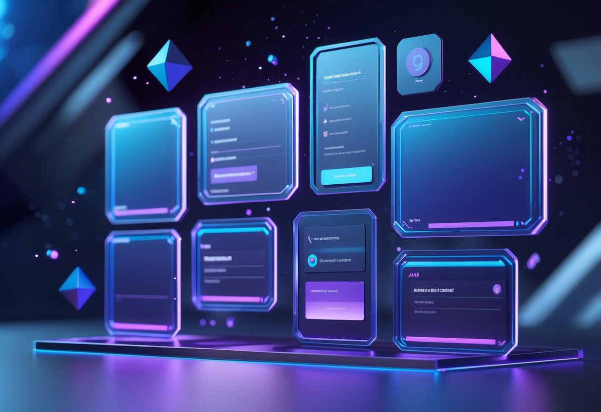 A 3D scene showing various streaming overlay elements like webcam frames and chat boxes arranged over a dark background with glowing edges and floating shapes.