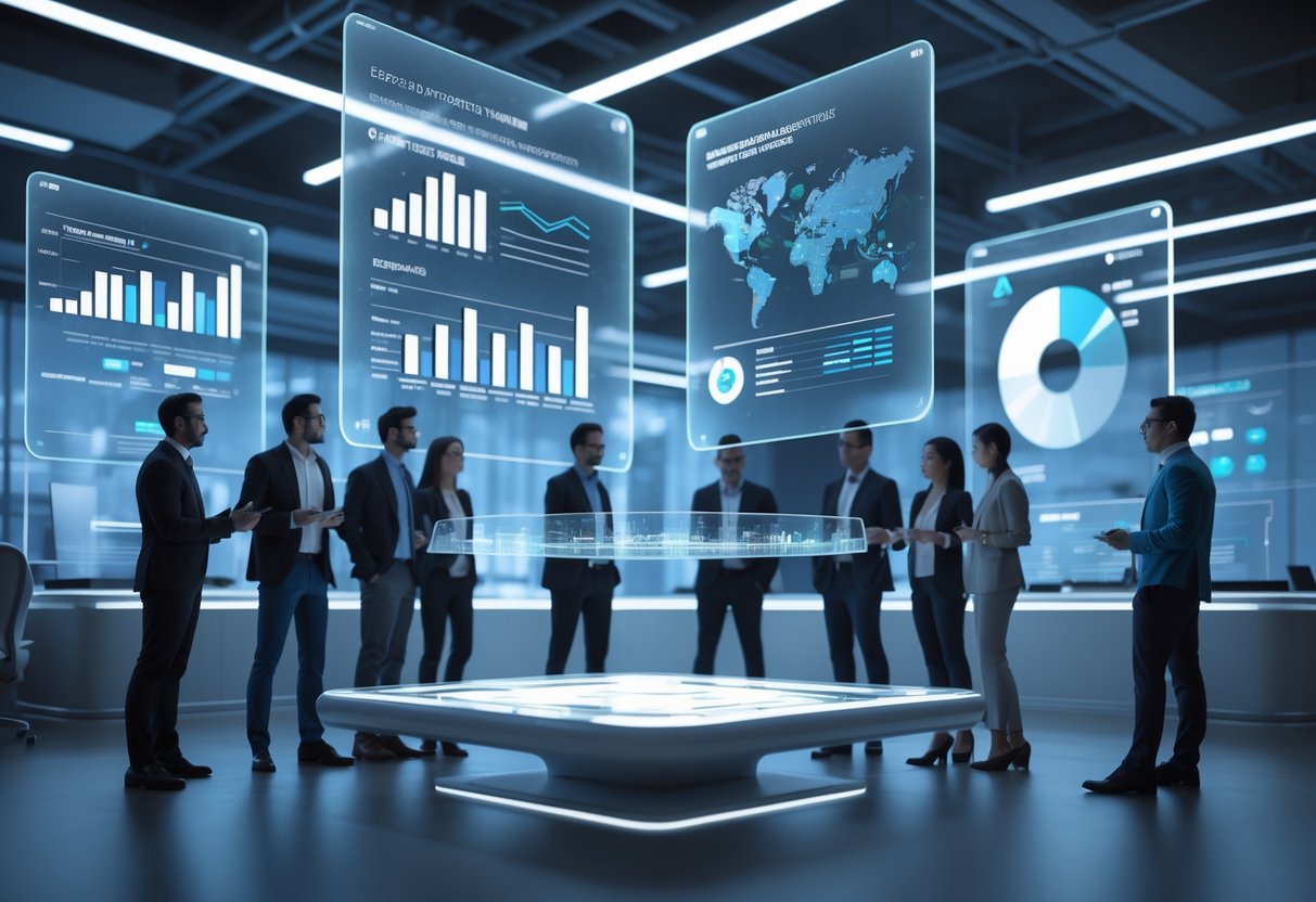 A modern office with holographic screens showing esports market charts and professionals discussing data around a glowing digital table.