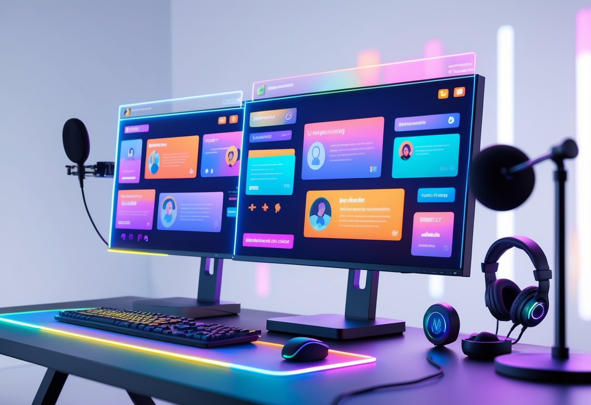 A 3D rendering of a streaming setup with dual monitors showing layered screen overlays, a microphone, headphones, and ambient lighting in a gaming room.