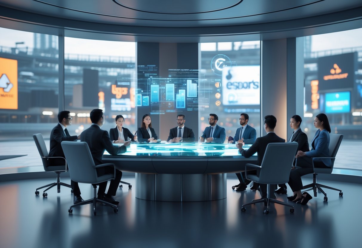 A group of diverse professionals in a boardroom discussing esports data projected as holograms above a glass table.