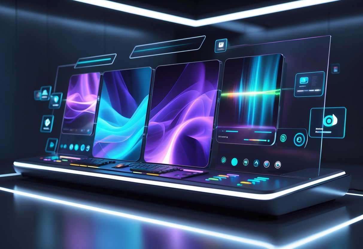 A 3D scene showing a high-tech streaming control panel with colourful transition effects and floating holographic icons in a dark studio setting.