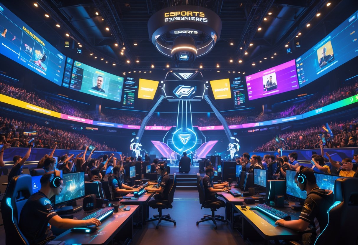 A crowded esports arena with players competing at their gaming stations and fans watching from the stands.