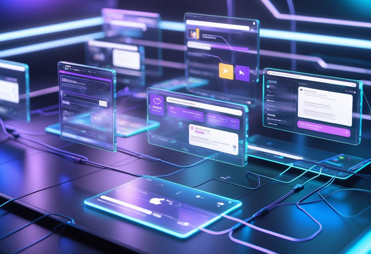 A futuristic digital workspace with floating holographic screens showing streaming interface elements and graphic overlays in a modern tech studio.