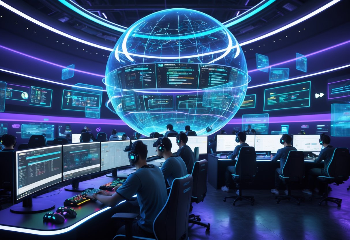 A futuristic esports arena with gamers playing intensely and developers analysing data on floating screens, surrounded by a large digital bubble with cracks.