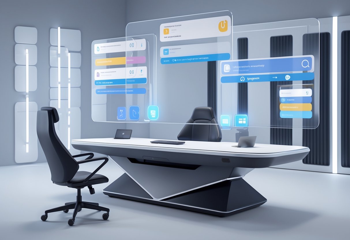 A 3D scene of a modern streaming desk with floating holographic overlays showing viewer and accessibility icons, set in a clean, well-lit streaming room.