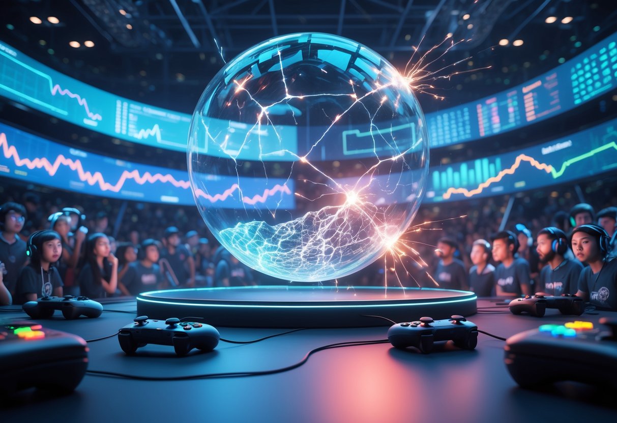 A 3D scene showing an esports arena with a large deflating bubble surrounded by gaming elements and digital stock charts, with spectators watching the event.