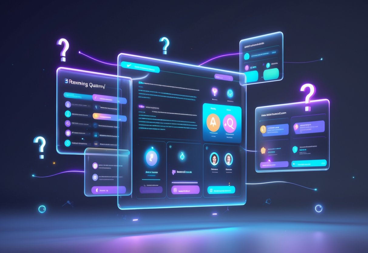 A 3D scene showing floating transparent panels with icons and holographic effects representing a streaming FAQ guide interface.