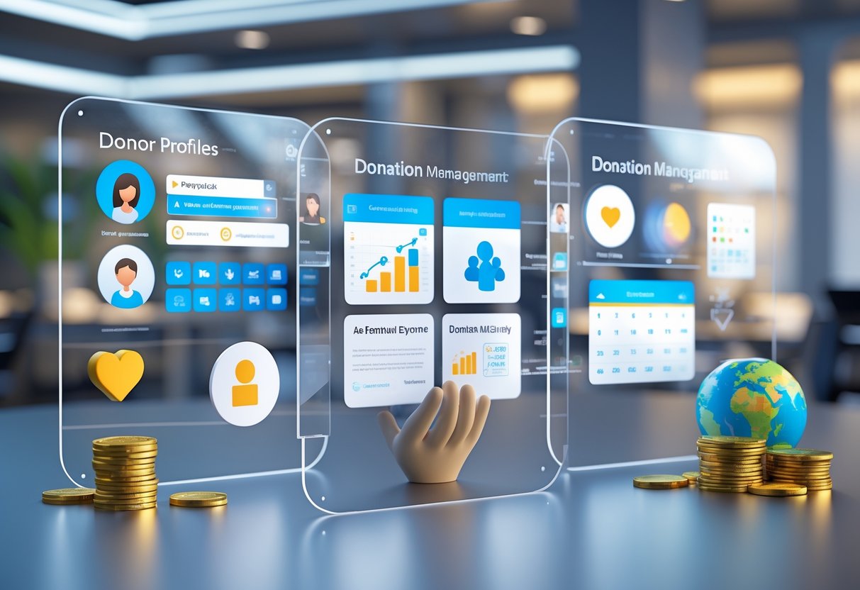 A 3D scene showing floating digital screens with donation management features like donor profiles, donation tracking graphs, and fundraising calendars surrounded by charity symbols in a modern office setting.
