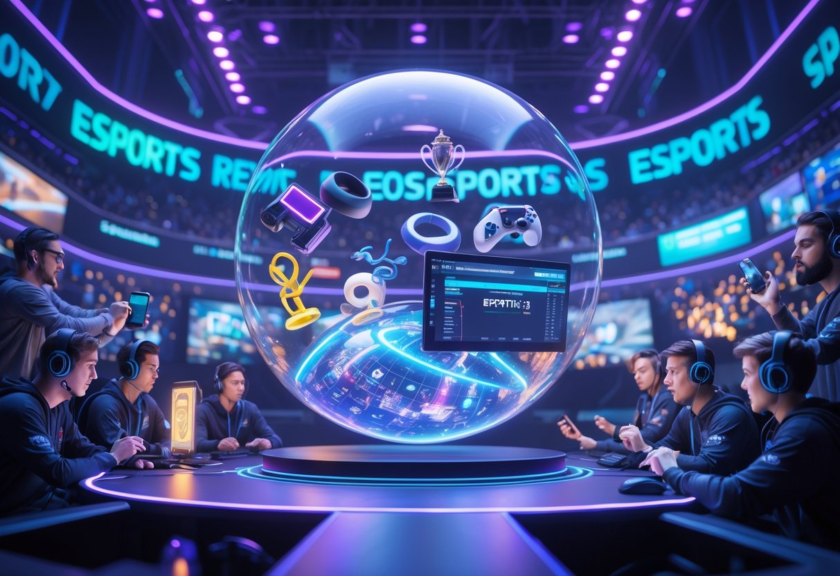 A futuristic esports arena with a large transparent bubble floating above, containing gaming items, surrounded by players, commentators, and fans in a vibrant digital cityscape.