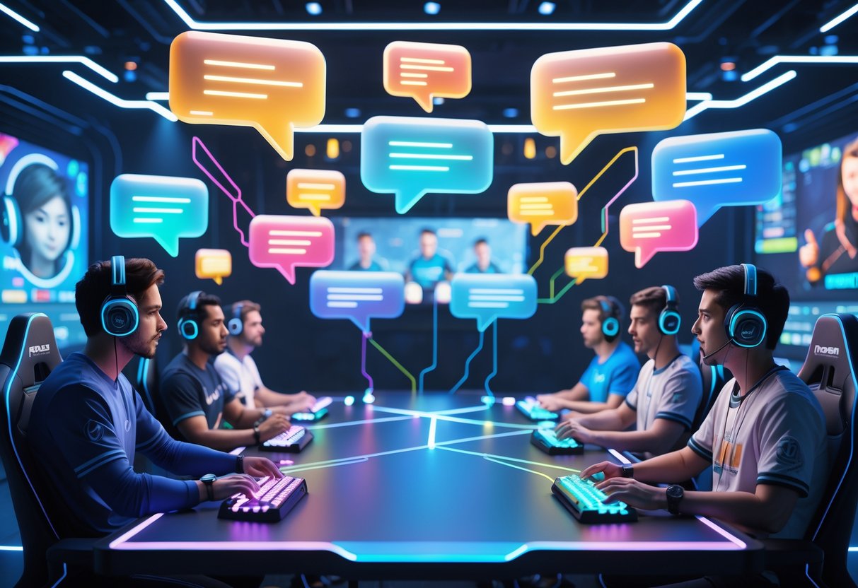 A group of esports players around a gaming table with glowing speech bubbles floating above them, showing an active discussion.