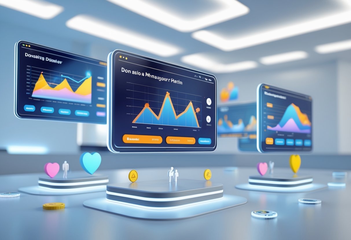 A futuristic digital workspace with floating screens showing donation data and charts surrounded by icons representing donations and people.