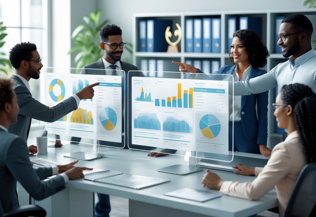 A modern office scene showing people collaborating around a desk with digital screens displaying donation data and charts.