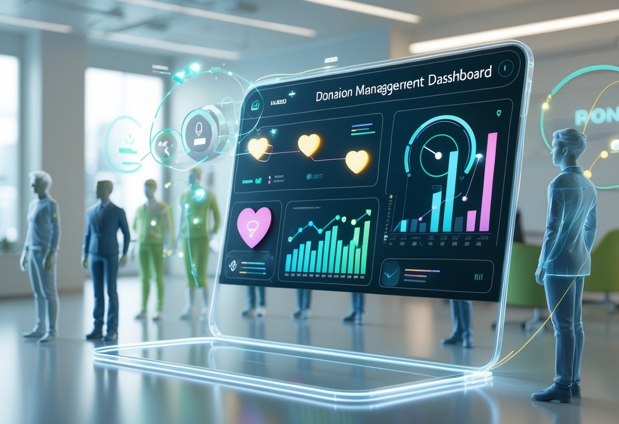 A 3D scene showing a holographic donation management dashboard with glowing heart icons, graphs, and figures representing donors connected by light trails.