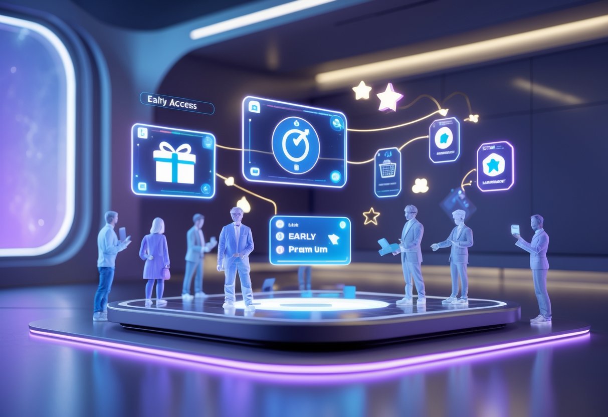 A 3D scene showing people interacting with floating holographic icons representing early access and subscriber benefits in a modern workspace.