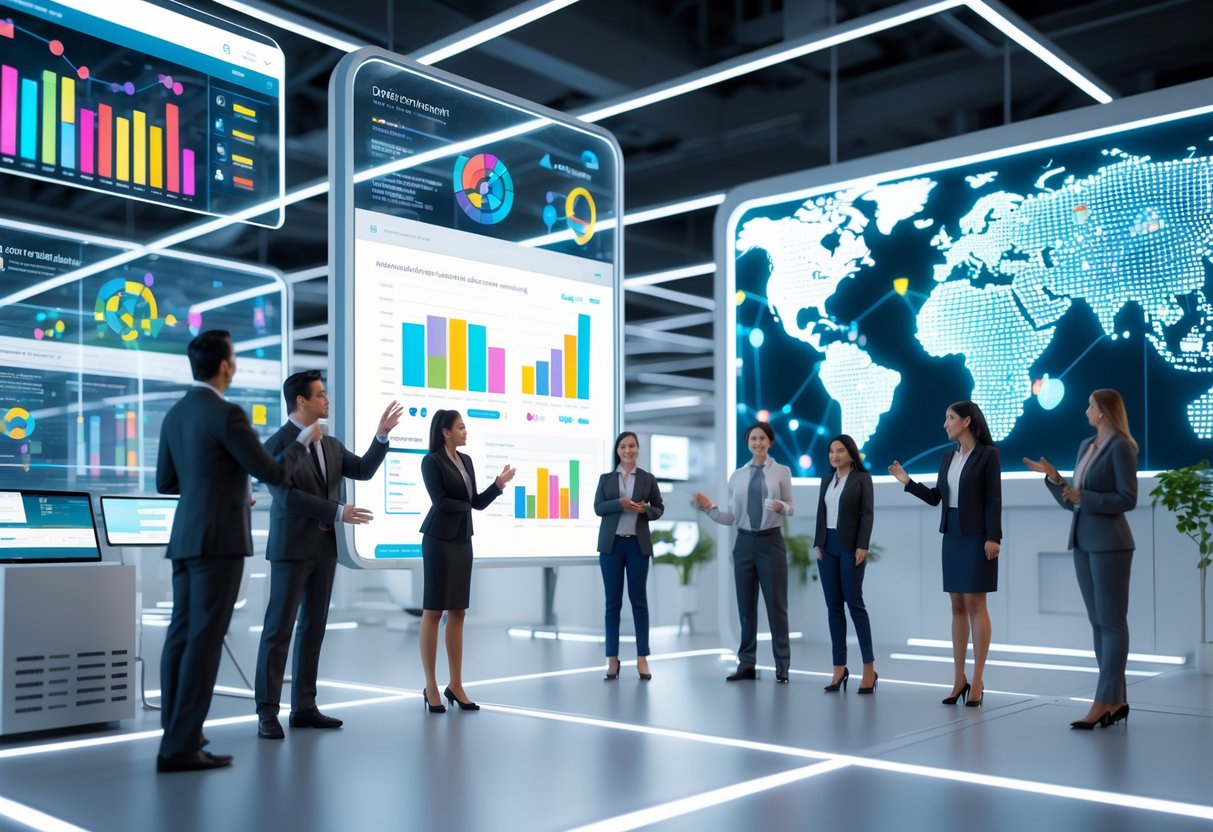 A group of people using futuristic digital screens and holograms to manage donations in a bright, modern office with a glowing globe showing global connections.