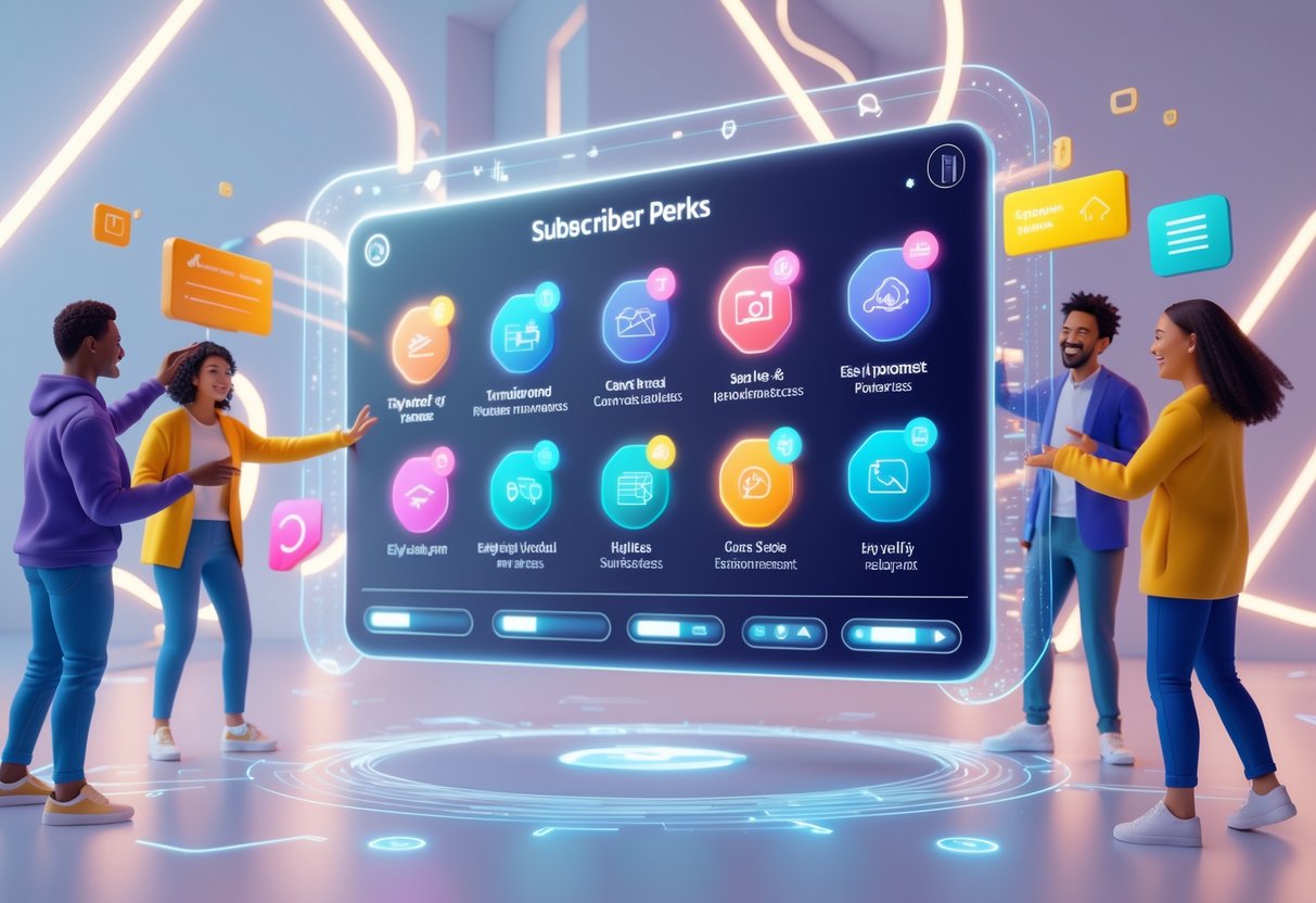 A 3D scene showing people interacting with a floating digital dashboard featuring colourful icons representing personalised subscriber perks in a modern tech environment.