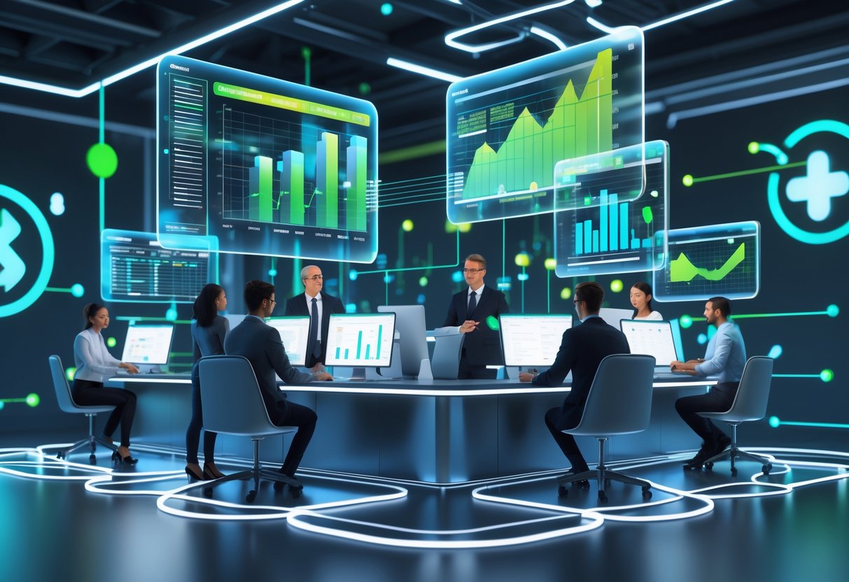A futuristic control centre with people working at transparent digital screens showing interconnected data and graphs representing donation management and nonprofit growth.