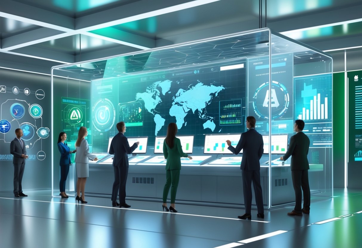 A futuristic control centre with people using holographic screens to manage and analyse global donations.