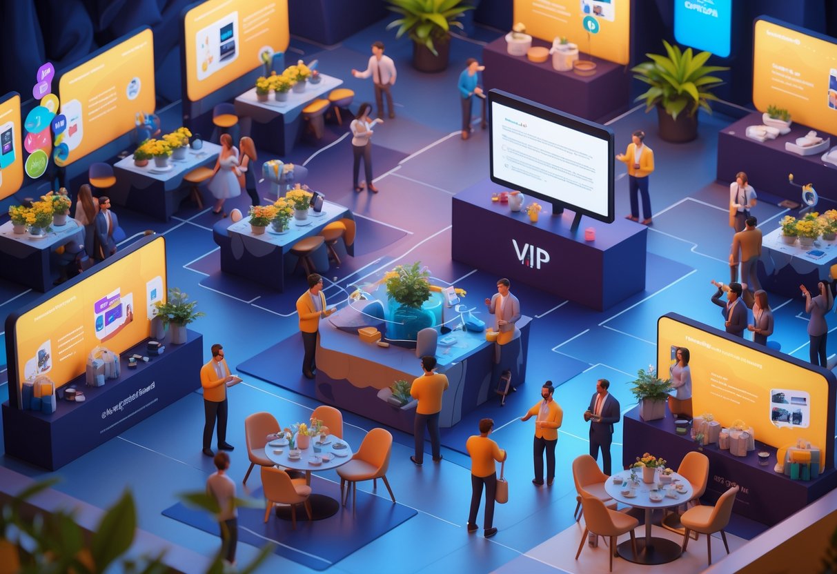 A busy event hall with people interacting, a speaker on stage, networking groups, VIP lounge areas, and event staff handing out badges.