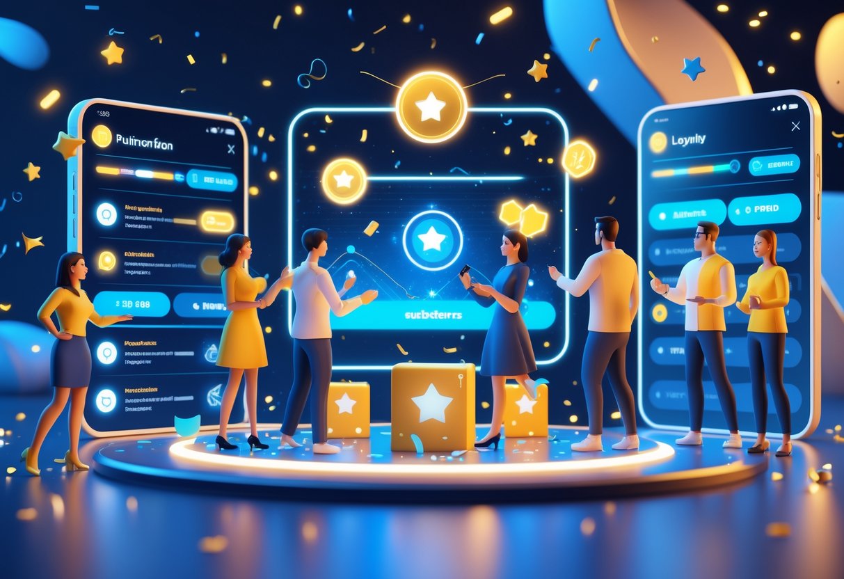 A colourful 3D scene showing people interacting with digital icons of rewards like badges and trophies on a futuristic dashboard.