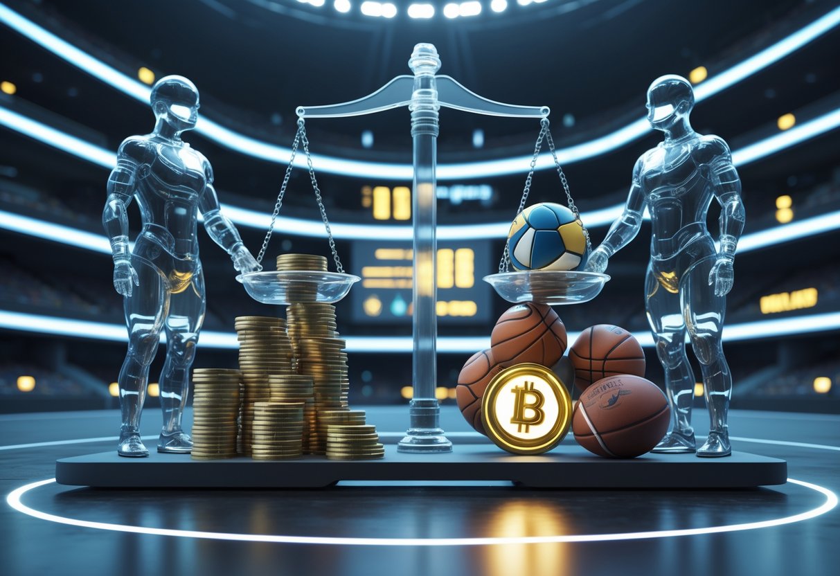 Two large figures stand on opposite sides of an unevenly balanced scale with money on one side and sports equipment on the other, set inside a futuristic stadium with digital charts in the background.