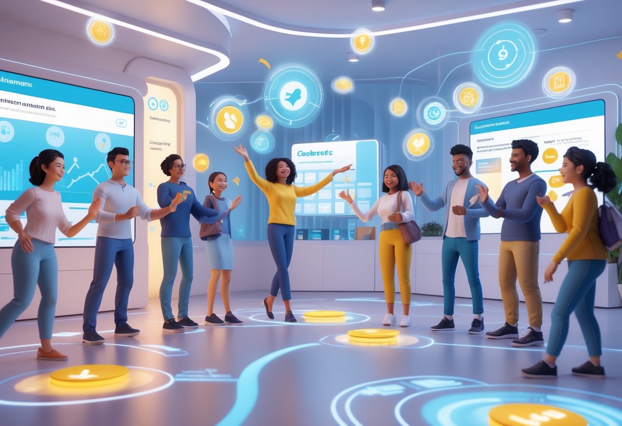 A group of diverse people happily interacting in a bright community space with floating digital icons representing rewards and perks around them.