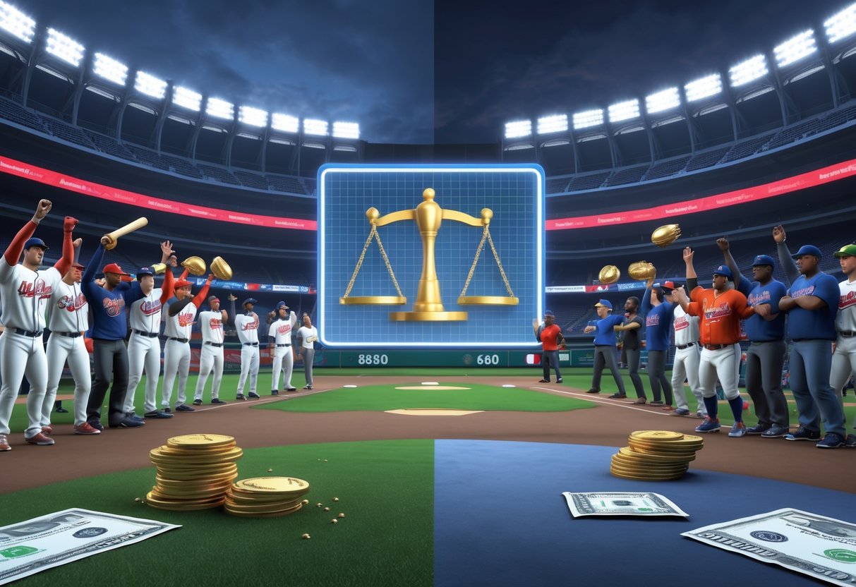 A baseball stadium split into two scenes showing players and owners celebrating wealth on one side and hopeful players with fans holding fairness banners on the other, with a large balanced scale icon in the centre.