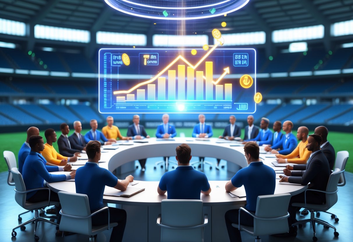 A group of people representing players and management sitting around a conference table negotiating salary cap details with a holographic chart above the table.