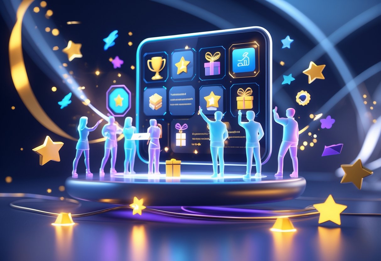 A digital platform with glowing icons of trophies, badges, and gift boxes surrounded by holographic figures celebrating achievements in a modern workspace.