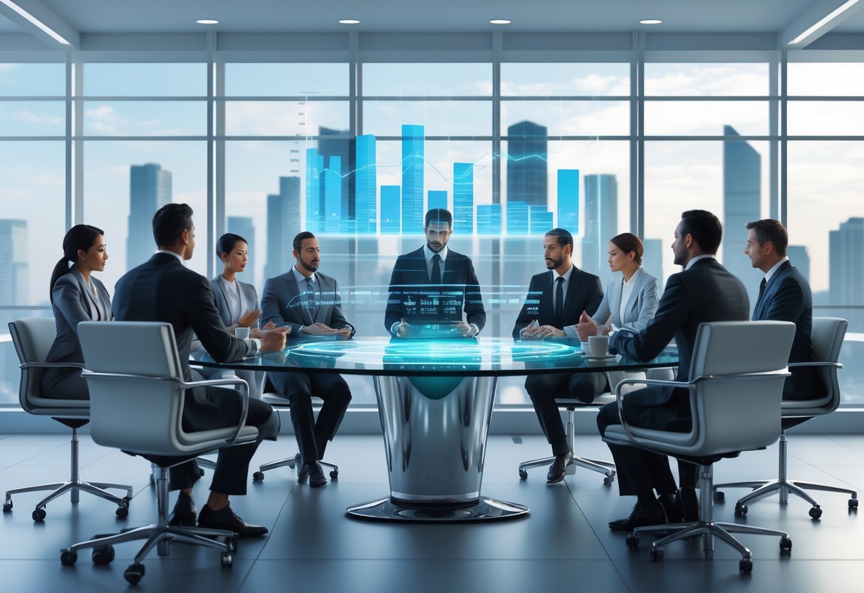 A group of business owners and executives in a boardroom discussing financial data projected holographically above a table.