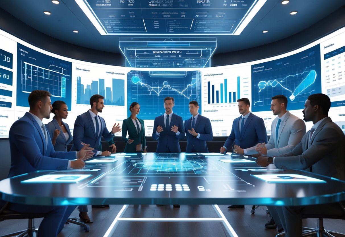 A group of sports executives and agents discuss player contracts and salary cap data around a digital table with holographic charts and graphs in a modern control room.