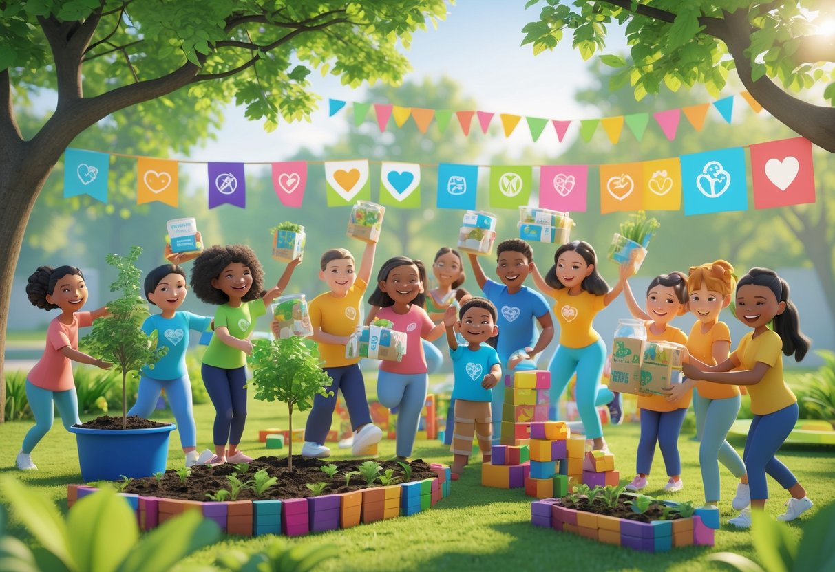 People of different ages and backgrounds working together outdoors to plant trees, distribute food, and build a playground in a green community space.