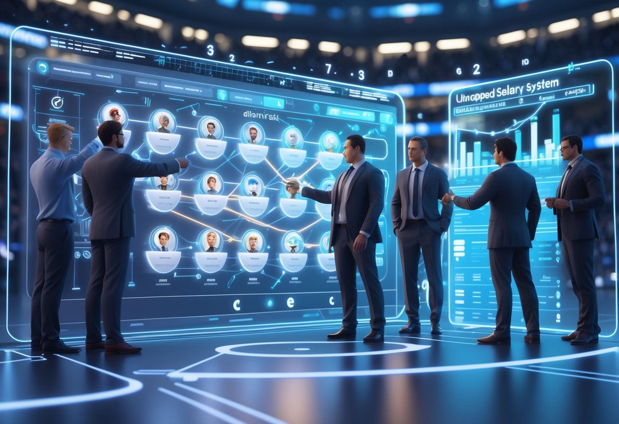 A group of sports managers discussing player data and team strategy around a glowing digital board in a sports arena setting.