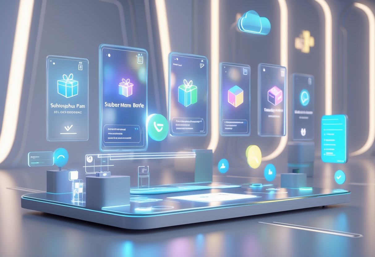 A 3D scene showing a futuristic digital hub with floating holographic panels displaying icons representing subscriber benefits and frequently asked questions.