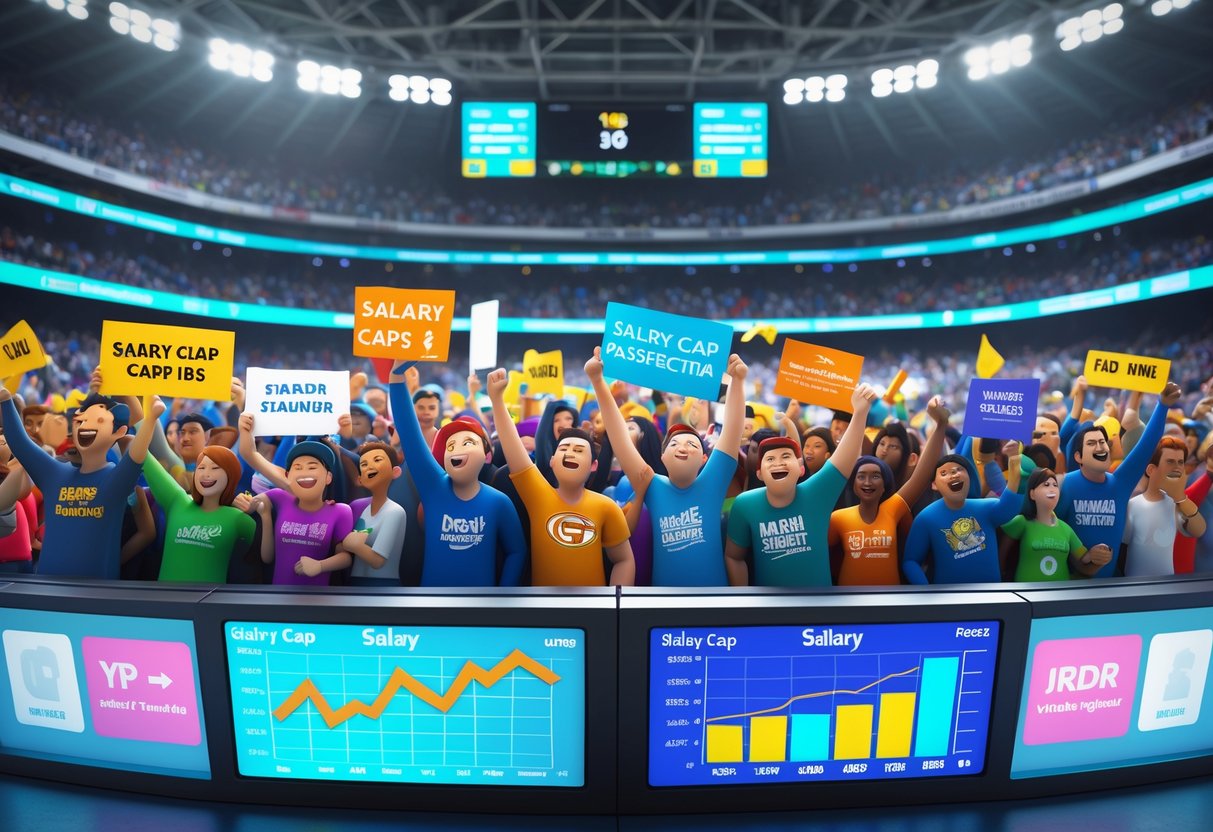 A crowded sports stadium with fans actively discussing and reacting to debates about salary caps in professional sports.