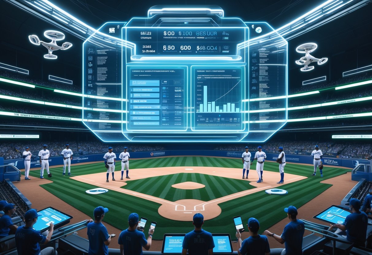A futuristic baseball stadium with players and fans interacting with digital displays showing salary cap data and contract negotiations.