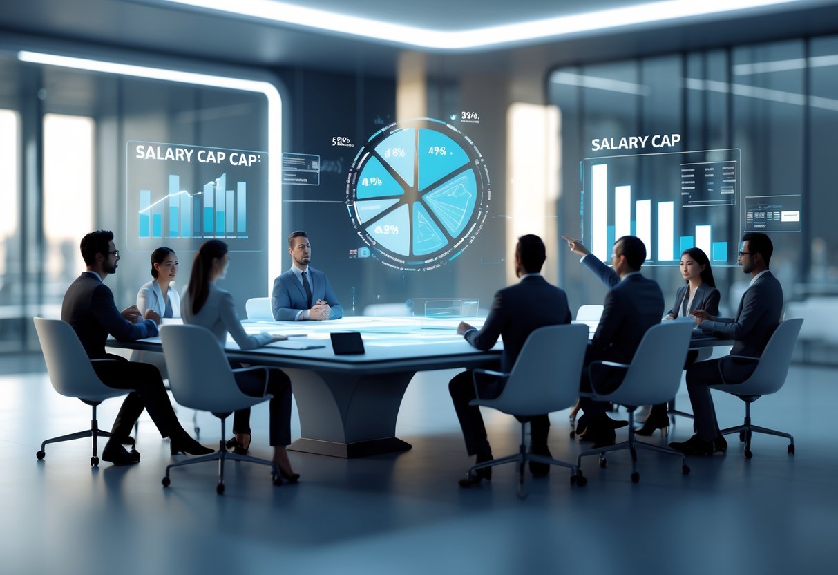 A group of professionals discussing salary cap data around a conference table with holographic charts and graphs displayed in a modern meeting room.