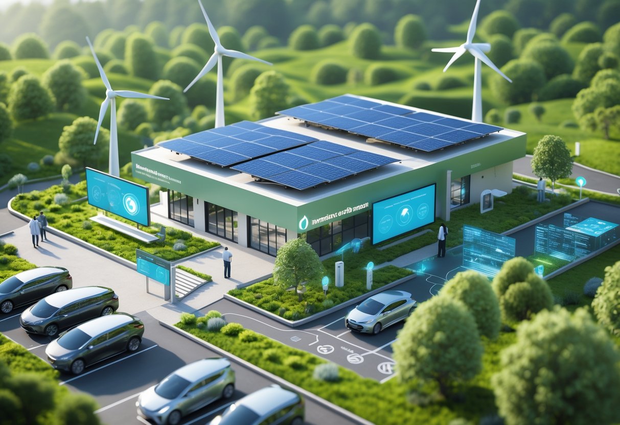A modern eco-friendly franchise building with solar panels and wind turbines surrounded by greenery, people interacting with digital energy displays, and electric vehicles outside.