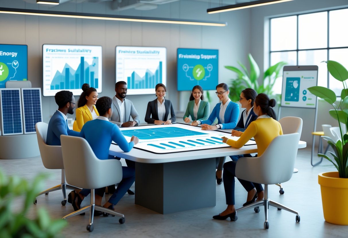 A group of professionals collaborating around a digital table in a bright office with plants and screens showing franchise and sustainability data.