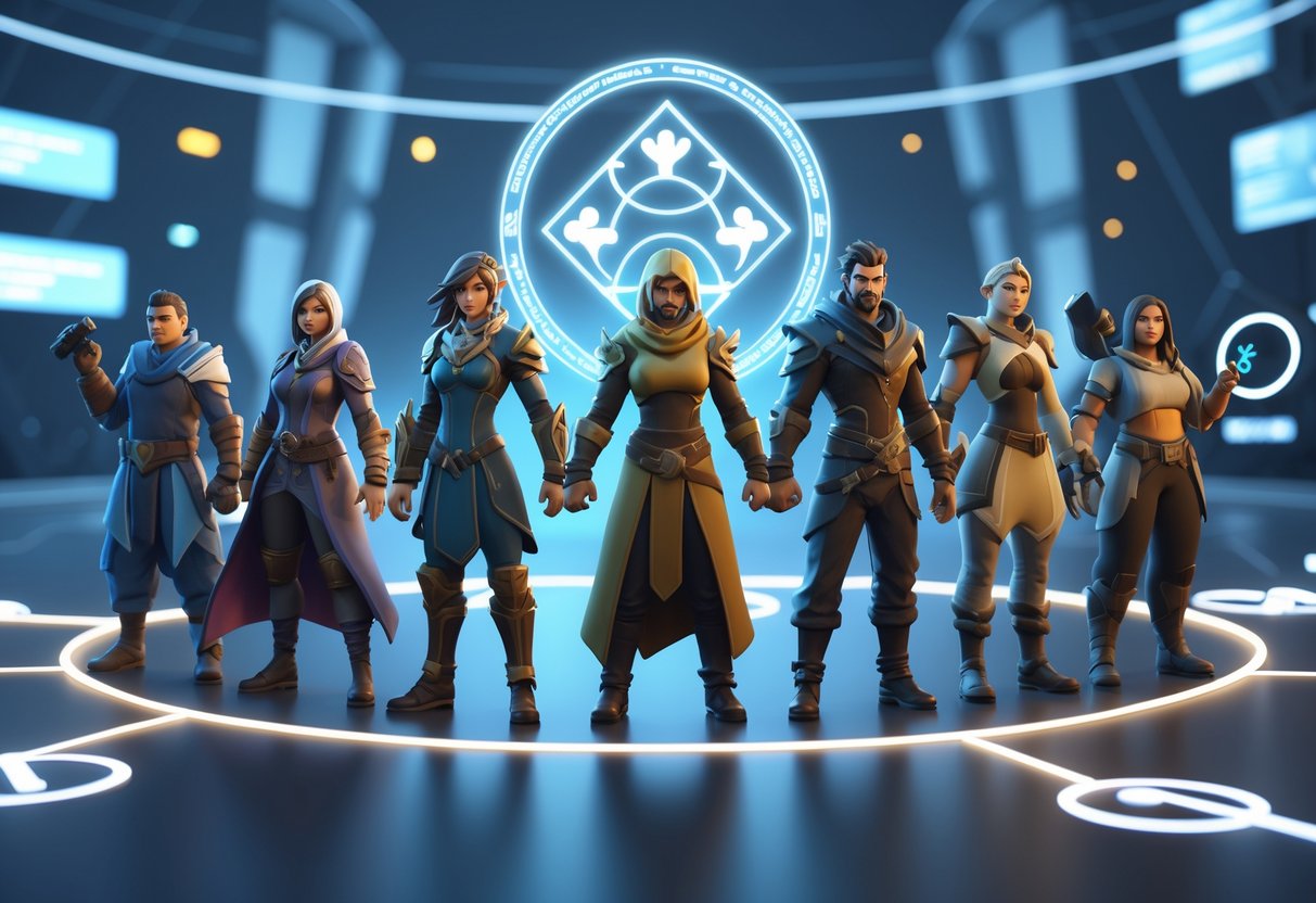 A group of diverse video game characters standing in a circle connected by glowing lines around a holographic emblem symbolising unity and cooperation.